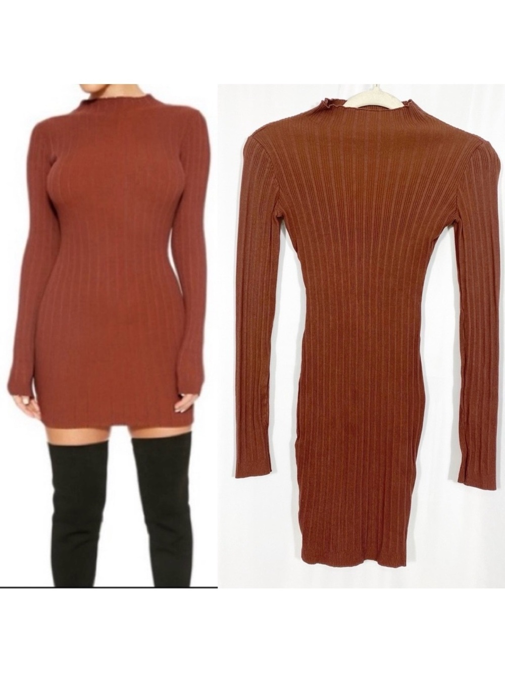Naked Wardrobe Long Sleeve Mock Neck Ribbed Bodycon Mini Dress: Rust Brown